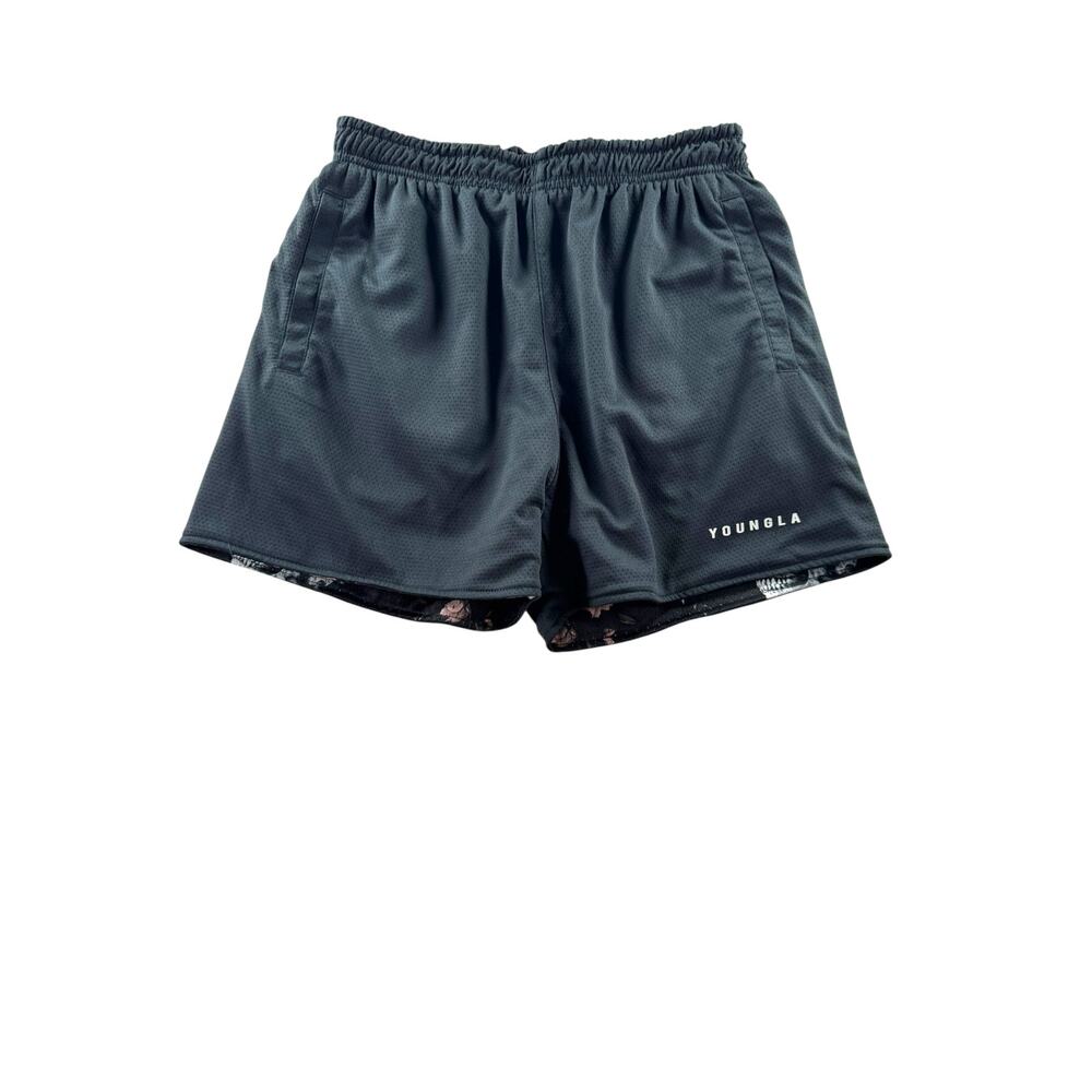 YoungLA Skulls & Roses Reversible Shorts Mens S Black Flower Skull Gym Grunge